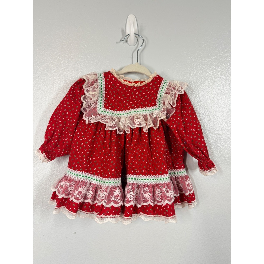 Bryan Girls Toddler‎ Baby Christmas Dress Red Floral Lace Ruffle Button Back Vtg